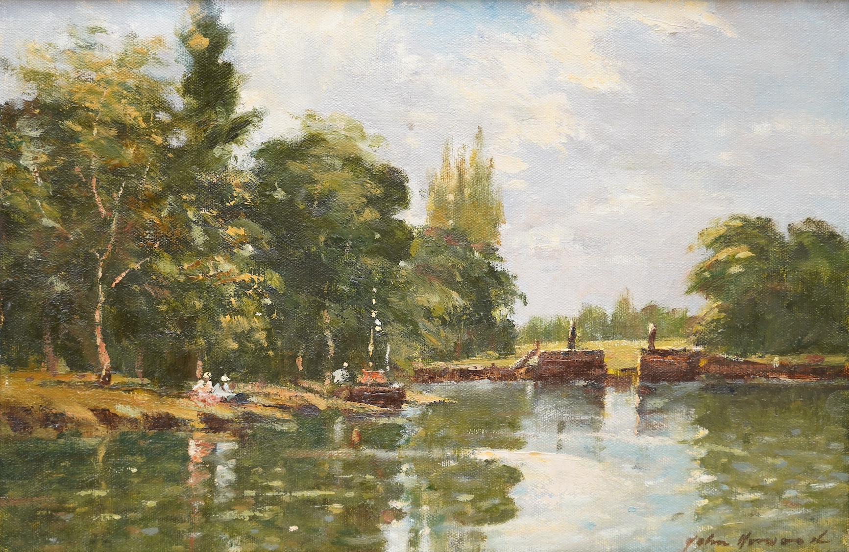 John Horwood (b.1934), Impressionist oil on canvas, River landscape with figures, signed, 24 x 28cm, ornate gilt framed. Condition - good